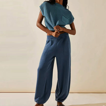 Celeste | Women's Two-Piece Knitted Loungewear Set – Loose Shirt Top and Wide-Leg Cuffed Trousers