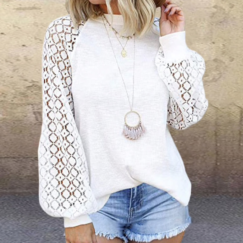 Mariah | Women's Lace Blouse – Round Neck & Long Lantern Sleeves for Elegant Style