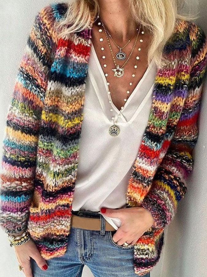 Lilian | Women's Multicolor Striped Knit Cardigan – Relaxed Fit, Vibrant & Perfectly Cozy