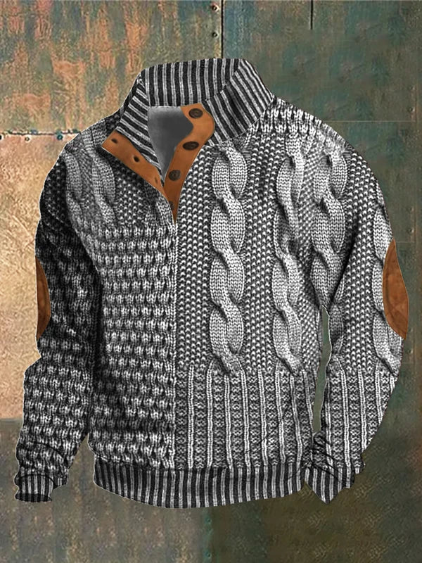 Theodore | Men's Classic Print Sweater - Warm Half-Button Knit Look Pullover