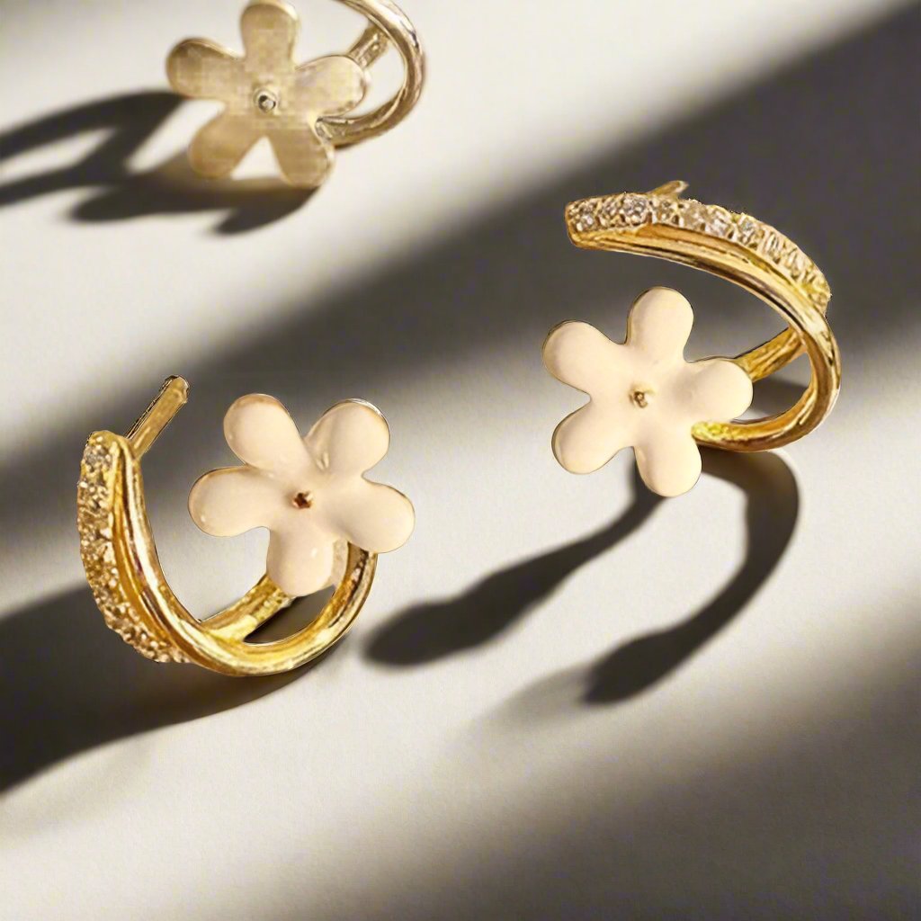 Mila | Golden White Flower Crescent Earrings- Stunning & Stylish Jewelry