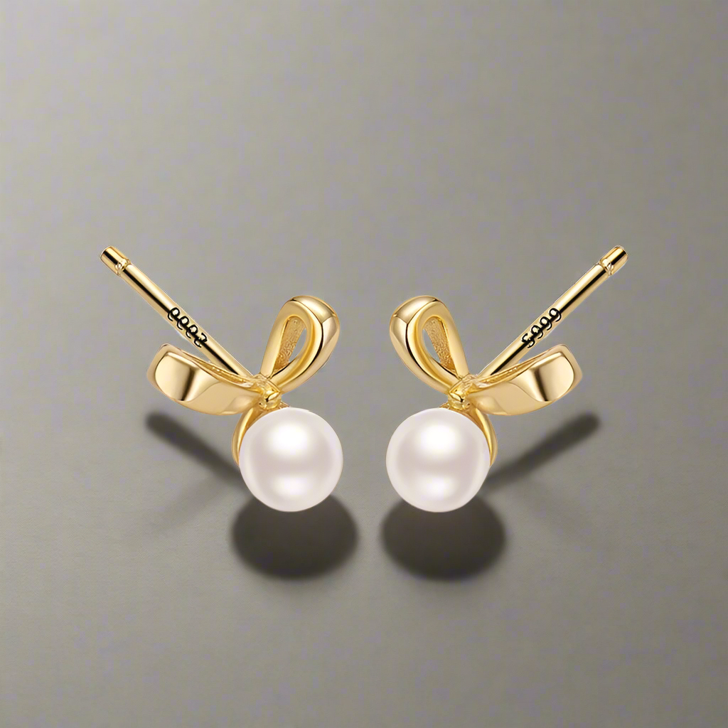 Sophia | Golden Bow-Knot Shell Pearl Stud Earrings – Elegant & Classic Jewelry for Women