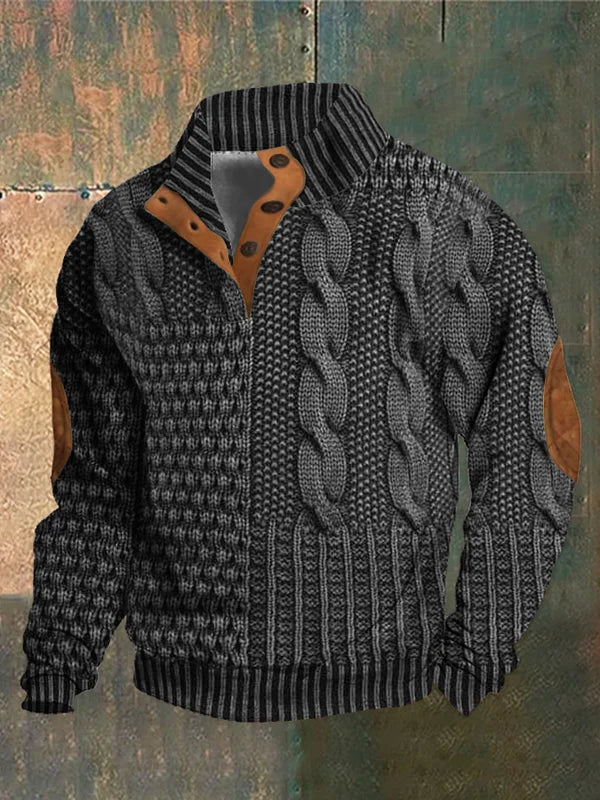 Theodore | Men's Classic Print Sweater - Warm Half-Button Knit Look Pullover