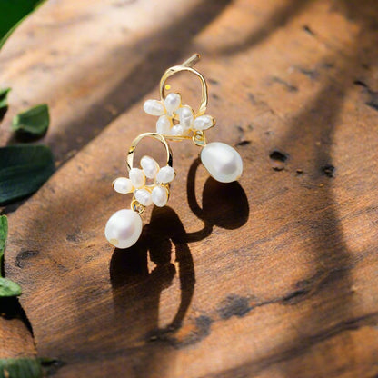 Amara | Golden Flower Pearl Dangling Earrings - Classy & Stylish Jewelry for Women