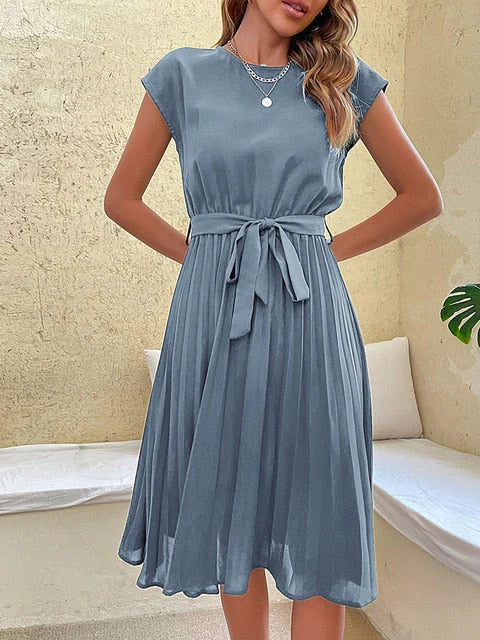 Mae | Women's Knee-Length Dress - Summer Wear with Bow Belt