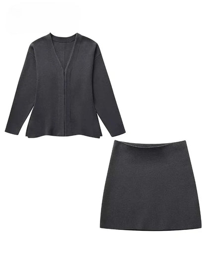 Elodie | Women's Knit Set - Fitted V-Neck Blazer Cardigan and Skirt