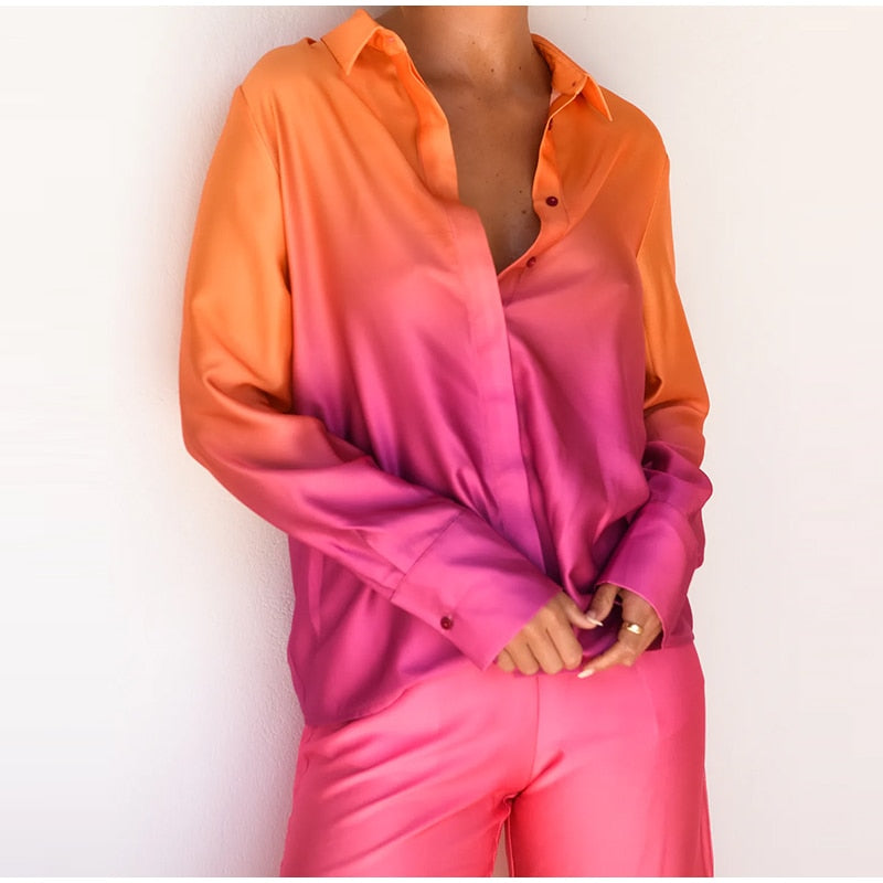 Summer | Women's Gradient Two-Piece Set – Chic Button-Down Shirt & Pants