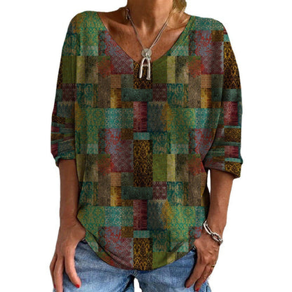 Sophie | Women's Retro Print V-Neck Top- Classic &  Casual Blouse