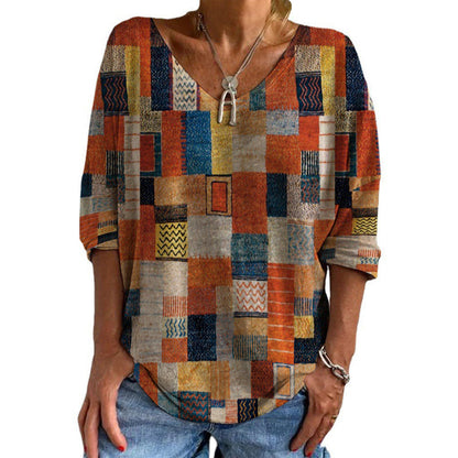 Sophie | Women's Retro Print V-Neck Top- Classic &  Casual Blouse