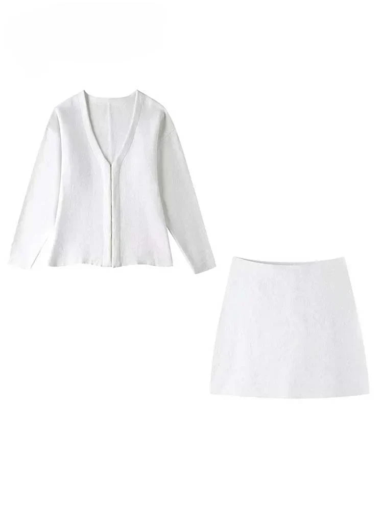 Elodie | Women's Knit Set - Fitted V-Neck Blazer Cardigan and Skirt