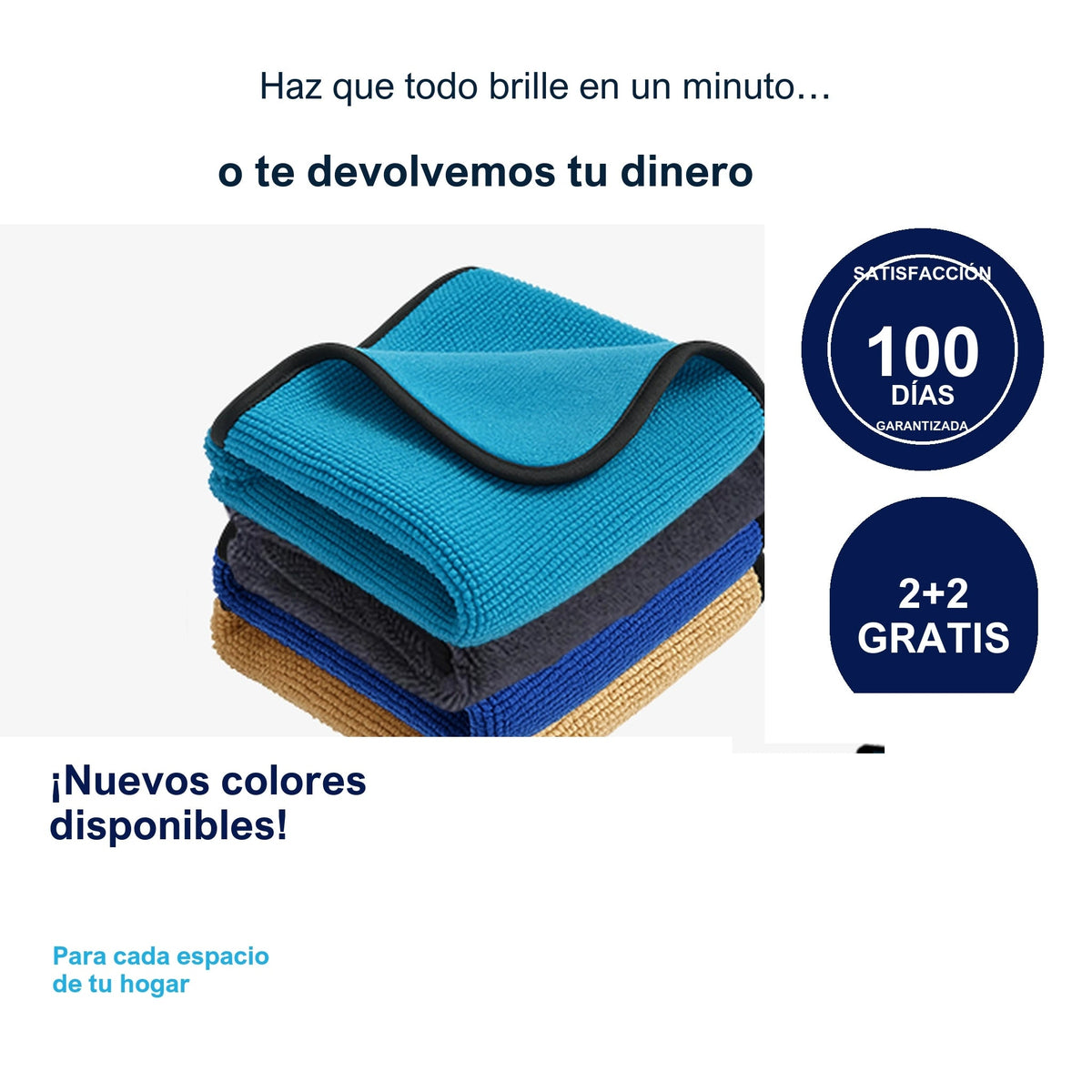 Paño de microfibra NELVAY en cuatro colores, con la oferta 2+2 gratis y 100 días de garantía