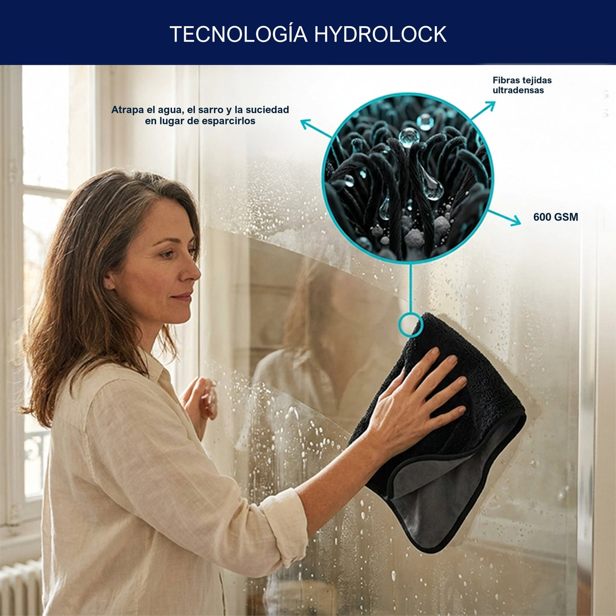 Tecnología HYDROLOCK: fibras tejidas ultradensas de 600 GSM que atrapan el agua y el sarro
