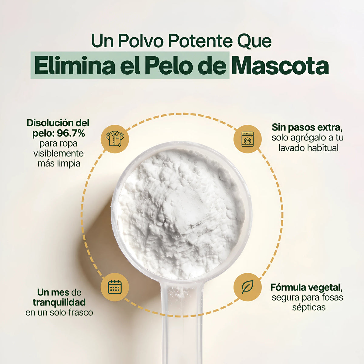 Un polvo potente que elimina el pelo de mascota: disolución del 96.7%, sin pasos extra, fórmula vegetal