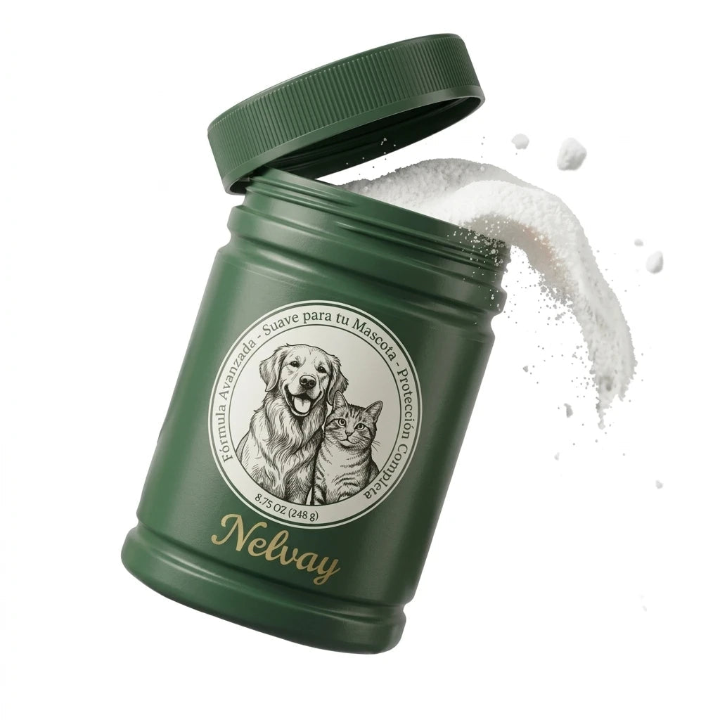 Frasco NELVAY de 250 g abierto, con el polvo disolvente de pelo de mascota