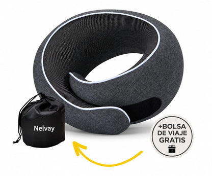 Almohada de viaje NELVAY negra con su bolsa de transporte