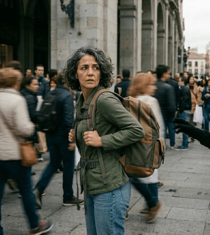 Mujer preocupada con una mochila en la espalda entre la multitud