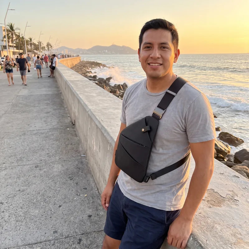 Hombre con bolso antirrobo negro cruzado al pecho en el malecón de Mazatlán al atardecer