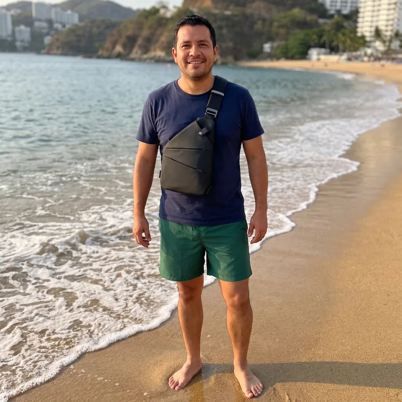 Hombre descalzo en la orilla de la playa en Acapulco con bolso antirrobo negro cruzado al pecho