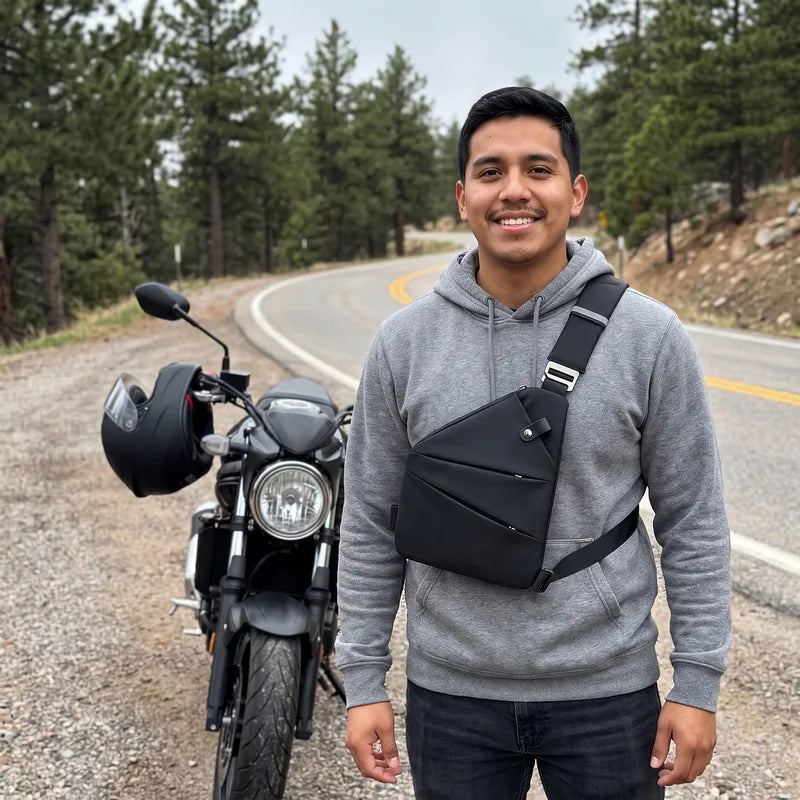 Motociclista con sudadera gris y bolso antirrobo negro cruzado al pecho, junto a su moto en la sierra