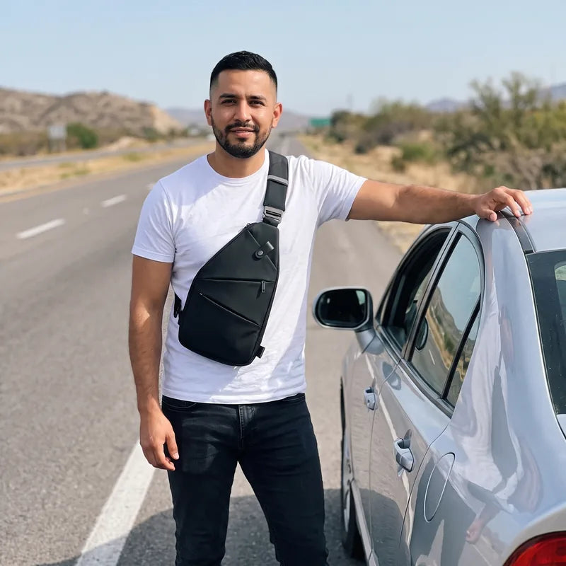 Hombre con playera blanca y bolso antirrobo negro cruzado al pecho, junto a su auto en la carretera
